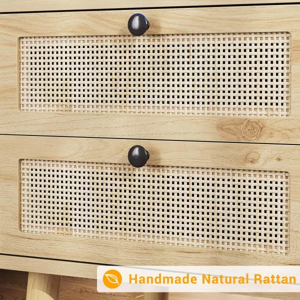 VIAGDO Rattan Nightstands Set of 2 with LED Lights Night Stand with Charging Station and Storage Drawers Bedside Tables with Solid Wood Feet Modern End Side Table for Bedroom BlackNatural