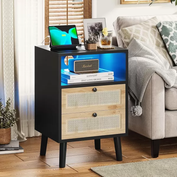 VIAGDO Rattan Nightstands Set of 2 with LED Lights Night Stand with Charging Station and Storage Drawers Bedside Tables with Solid Wood Feet Modern End Side Table for Bedroom BlackBlack