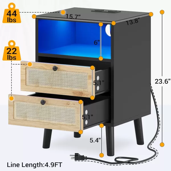 VIAGDO Rattan Nightstands Set of 2 with LED Lights Night Stand with Charging Station and Storage Drawers Bedside Tables with Solid Wood Feet Modern End Side Table for Bedroom BlackBlack