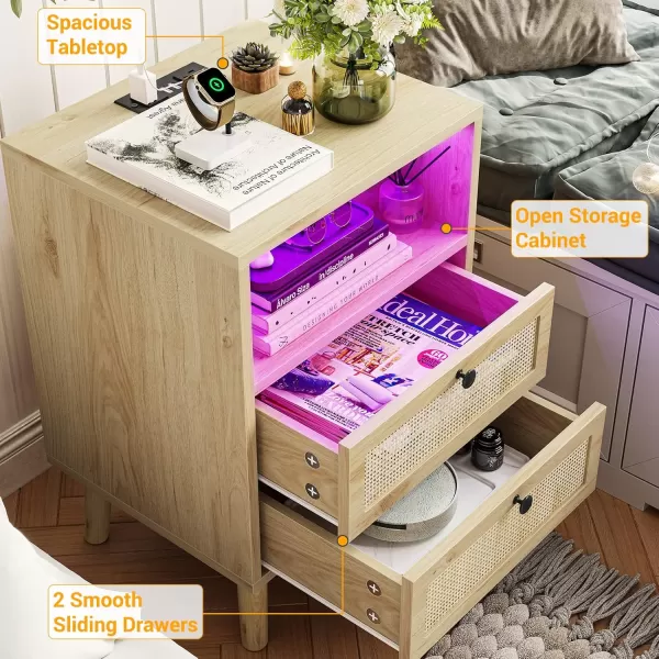VIAGDO Rattan Nightstands Set of 2 with LED Lights Night Stand with Charging Station and Storage Drawers Bedside Tables with Solid Wood Feet Modern End Side Table for Bedroom BlackNatural