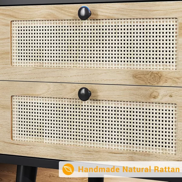 VIAGDO Rattan Nightstands Set of 2 with LED Lights Night Stand with Charging Station and Storage Drawers Bedside Tables with Solid Wood Feet Modern End Side Table for Bedroom BlackBlack
