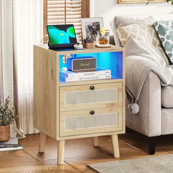 VIAGDO Rattan Nightstands Set of 2 with LED Lights Night Stand with Charging Station and Storage Drawers Bedside Tables with Solid Wood Feet Modern End Side Table for Bedroom BlackNatural