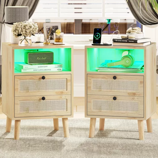 VIAGDO Rattan Nightstands Set of 2 with LED Lights Night Stand with Charging Station and Storage Drawers Bedside Tables with Solid Wood Feet Modern End Side Table for Bedroom BlackNatural