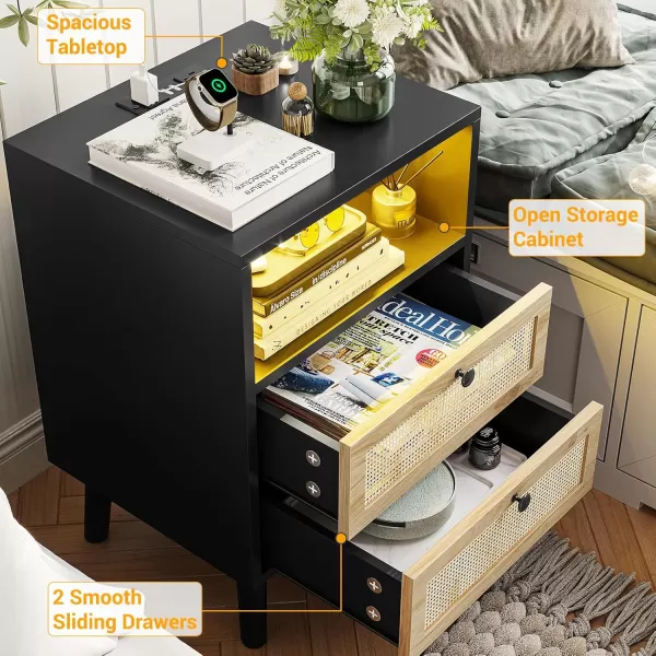 VIAGDO Rattan Nightstands Set of 2 with LED Lights Night Stand with Charging Station and Storage Drawers Bedside Tables with Solid Wood Feet Modern End Side Table for Bedroom BlackBlack