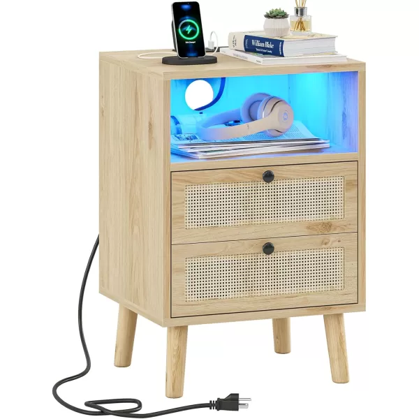 VIAGDO Rattan Nightstands Set of 2 with LED Lights Night Stand with Charging Station and Storage Drawers Bedside Tables with Solid Wood Feet Modern End Side Table for Bedroom BlackNatural