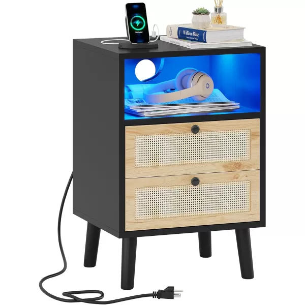 VIAGDO Rattan Nightstands Set of 2 with LED Lights Night Stand with Charging Station and Storage Drawers Bedside Tables with Solid Wood Feet Modern End Side Table for Bedroom BlackBlack