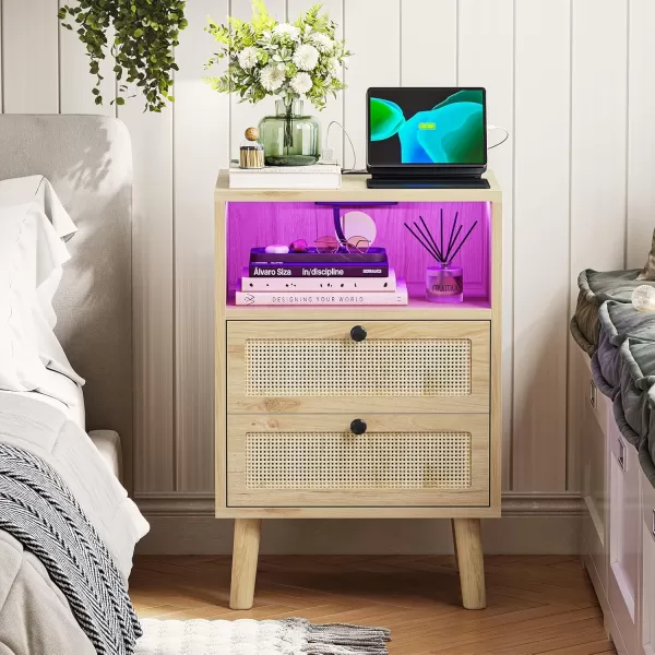 VIAGDO Rattan Nightstands Set of 2 with LED Lights Night Stand with Charging Station and Storage Drawers Bedside Tables with Solid Wood Feet Modern End Side Table for Bedroom BlackNatural