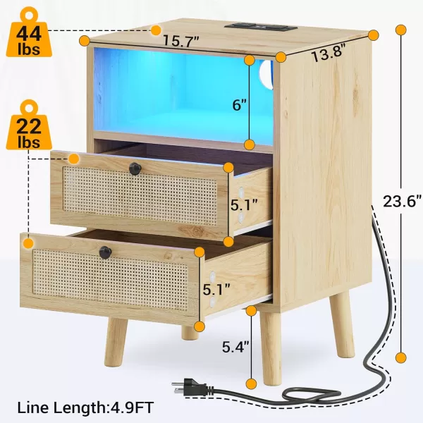 VIAGDO Rattan Nightstands Set of 2 with LED Lights Night Stand with Charging Station and Storage Drawers Bedside Tables with Solid Wood Feet Modern End Side Table for Bedroom BlackNatural
