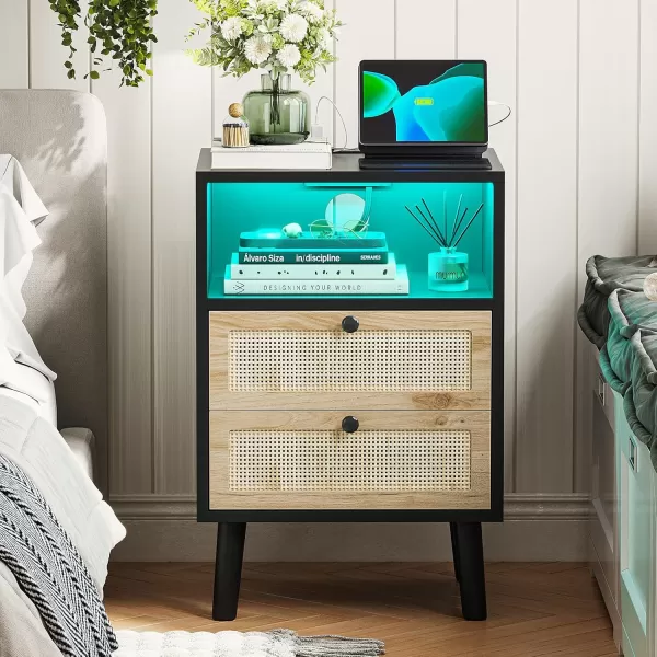 VIAGDO Rattan Nightstands Set of 2 with LED Lights Night Stand with Charging Station and Storage Drawers Bedside Tables with Solid Wood Feet Modern End Side Table for Bedroom BlackBlack