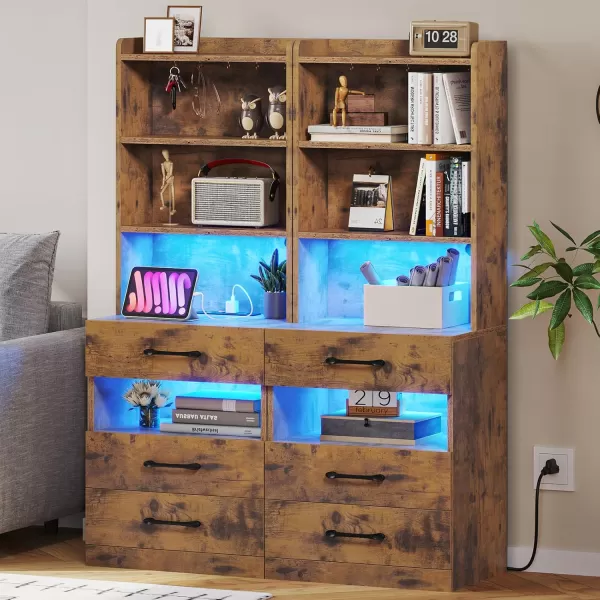 VIAGDO Tall Nightstand with Charging Station and LED Lights Rustic Brown Night Stand with Bookshelf Modern LED Bedside Table with 3 Drawers and Storage Shelves End Side Table for Bedrooms DormsRustic Brown