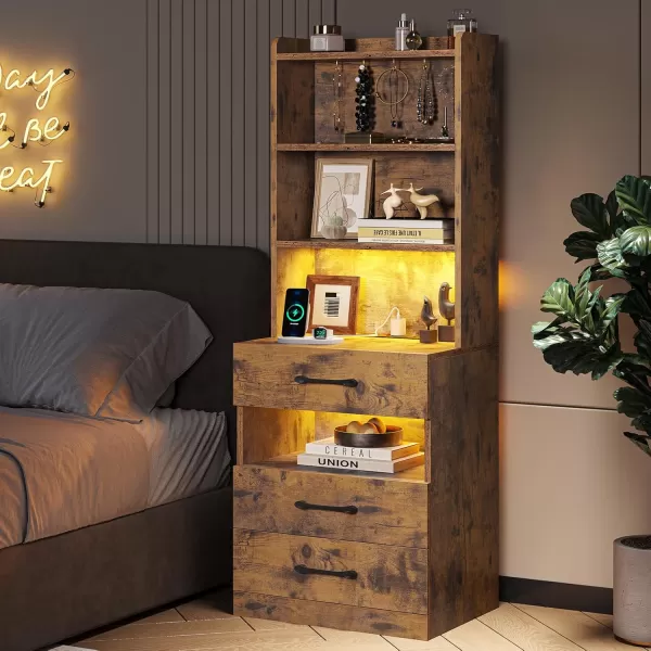 VIAGDO Tall Nightstand with Charging Station and LED Lights Rustic Brown Night Stand with Bookshelf Modern LED Bedside Table with 3 Drawers and Storage Shelves End Side Table for Bedrooms DormsRustic Brown