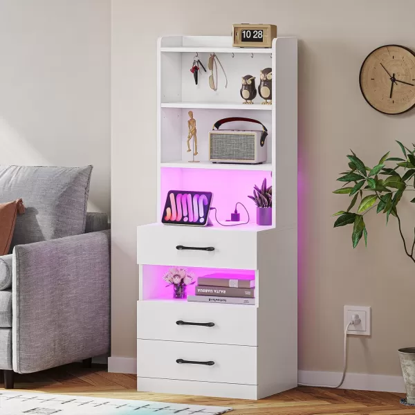 VIAGDO Tall Nightstand with Charging Station and LED Lights Rustic Brown Night Stand with Bookshelf Modern LED Bedside Table with 3 Drawers and Storage Shelves End Side Table for Bedrooms DormsWhite
