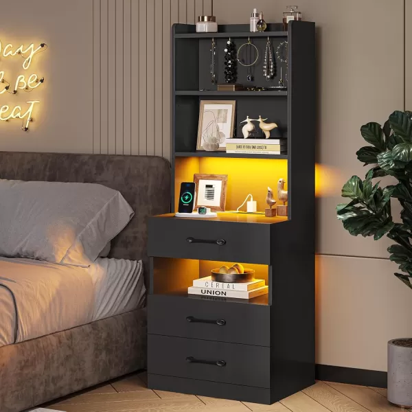 VIAGDO Tall Nightstand with Charging Station and LED Lights Rustic Brown Night Stand with Bookshelf Modern LED Bedside Table with 3 Drawers and Storage Shelves End Side Table for Bedrooms DormsBlack