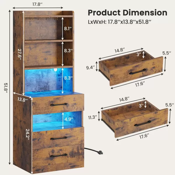 VIAGDO Tall Nightstand with Charging Station and LED Lights Rustic Brown Night Stand with Bookshelf Modern LED Bedside Table with 3 Drawers and Storage Shelves End Side Table for Bedrooms DormsRustic Brown