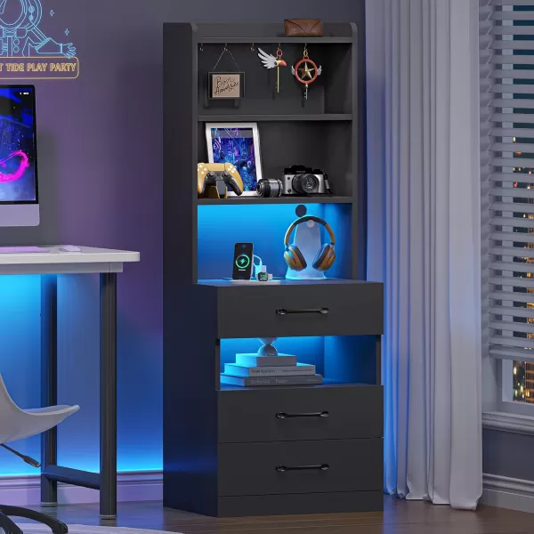 VIAGDO Tall Nightstand with Charging Station and LED Lights Rustic Brown Night Stand with Bookshelf Modern LED Bedside Table with 3 Drawers and Storage Shelves End Side Table for Bedrooms DormsBlack