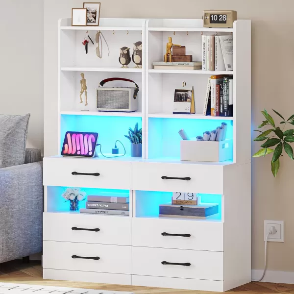 VIAGDO Tall Nightstand with Charging Station and LED Lights Rustic Brown Night Stand with Bookshelf Modern LED Bedside Table with 3 Drawers and Storage Shelves End Side Table for Bedrooms DormsWhite
