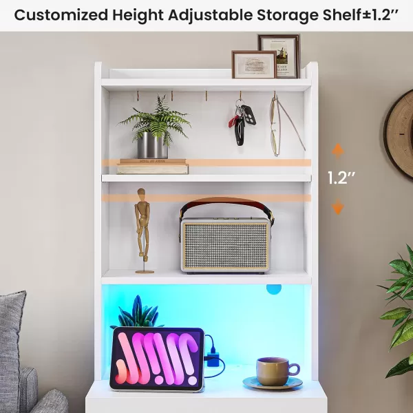 VIAGDO Tall Nightstand with Charging Station and LED Lights Rustic Brown Night Stand with Bookshelf Modern LED Bedside Table with 3 Drawers and Storage Shelves End Side Table for Bedrooms DormsWhite