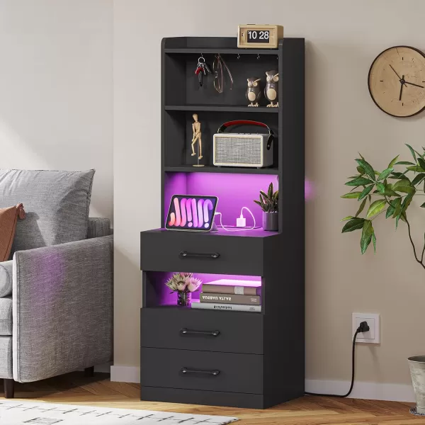 VIAGDO Tall Nightstand with Charging Station and LED Lights Rustic Brown Night Stand with Bookshelf Modern LED Bedside Table with 3 Drawers and Storage Shelves End Side Table for Bedrooms DormsBlack