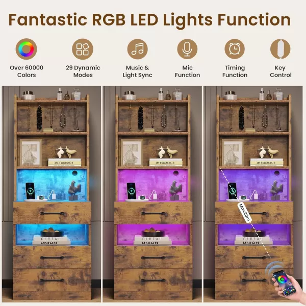 VIAGDO Tall Nightstand with Charging Station and LED Lights Rustic Brown Night Stand with Bookshelf Modern LED Bedside Table with 3 Drawers and Storage Shelves End Side Table for Bedrooms DormsRustic Brown