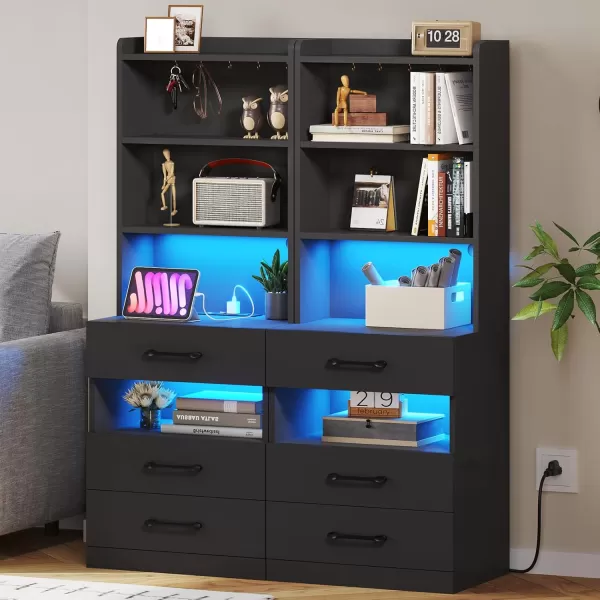 VIAGDO Tall Nightstand with Charging Station and LED Lights Rustic Brown Night Stand with Bookshelf Modern LED Bedside Table with 3 Drawers and Storage Shelves End Side Table for Bedrooms DormsBlack