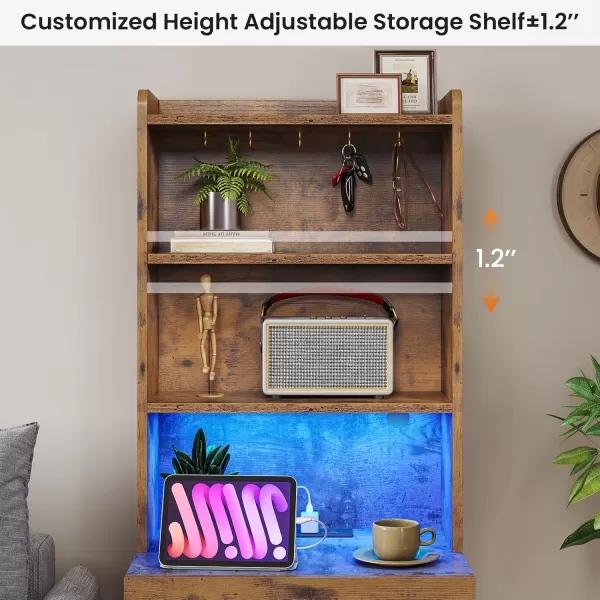 VIAGDO Tall Nightstand with Charging Station and LED Lights Rustic Brown Night Stand with Bookshelf Modern LED Bedside Table with 3 Drawers and Storage Shelves End Side Table for Bedrooms DormsRustic Brown