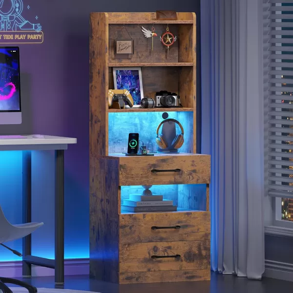 VIAGDO Tall Nightstand with Charging Station and LED Lights Rustic Brown Night Stand with Bookshelf Modern LED Bedside Table with 3 Drawers and Storage Shelves End Side Table for Bedrooms DormsRustic Brown
