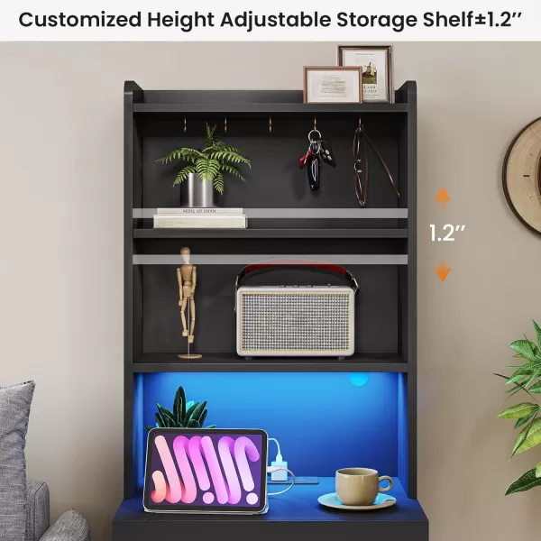 VIAGDO Tall Nightstand with Charging Station and LED Lights Rustic Brown Night Stand with Bookshelf Modern LED Bedside Table with 3 Drawers and Storage Shelves End Side Table for Bedrooms DormsBlack