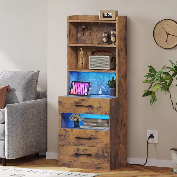 VIAGDO Tall Nightstand with Charging Station and LED Lights Rustic Brown Night Stand with Bookshelf Modern LED Bedside Table with 3 Drawers and Storage Shelves End Side Table for Bedrooms DormsRustic Brown