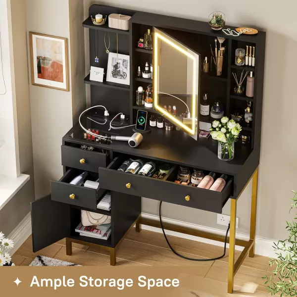 VIAGDO Vanity Desk with Openable Lighted Mirror ampamp Power Outlet Makeup Vanity Table with 3 Drawers and 4 Storage Shelves Black Vanity with Hooks Hidden Space BedroomModern Black