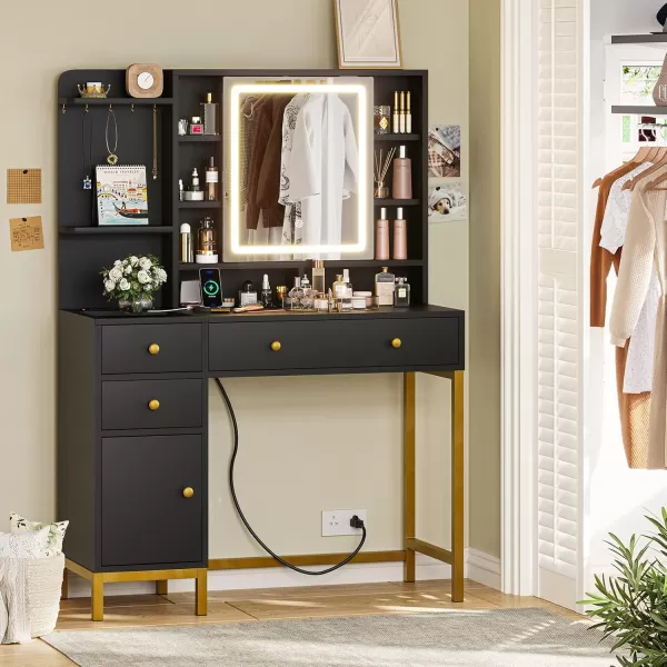 VIAGDO Vanity Desk with Openable Lighted Mirror ampamp Power Outlet Makeup Vanity Table with 3 Drawers and 4 Storage Shelves Black Vanity with Hooks Hidden Space BedroomModern Black
