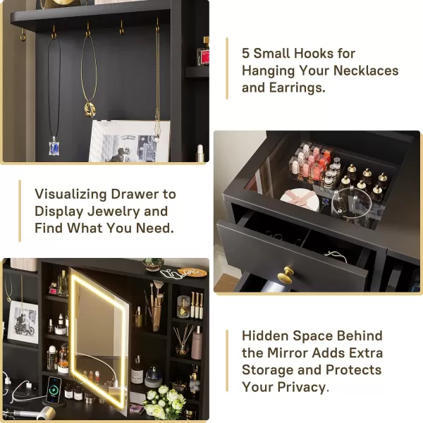 VIAGDO Vanity Desk with Openable Lighted Mirror ampamp Power Outlet Makeup Vanity Table with 3 Drawers and 4 Storage Shelves Black Vanity with Hooks Hidden Space BedroomModern Black