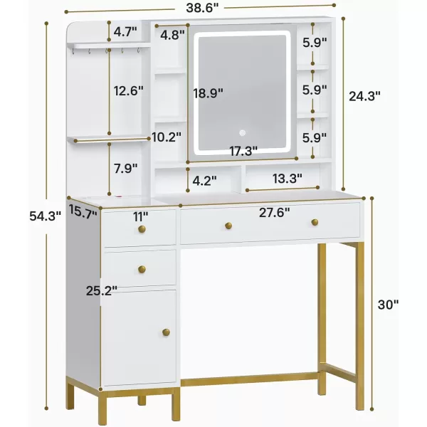 VIAGDO Vanity Desk with Openable Lighted Mirror ampamp Power Outlet Makeup Vanity Table with 3 Drawers and 4 Storage Shelves Black Vanity with Hooks Hidden Space BedroomModern White