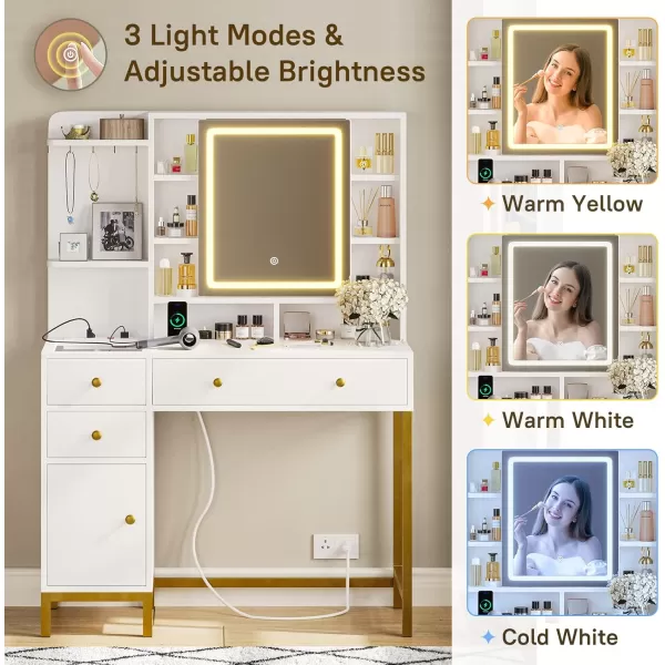 VIAGDO Vanity Desk with Openable Lighted Mirror ampamp Power Outlet Makeup Vanity Table with 3 Drawers and 4 Storage Shelves Black Vanity with Hooks Hidden Space BedroomModern White