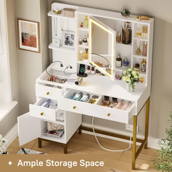VIAGDO Vanity Desk with Openable Lighted Mirror ampamp Power Outlet Makeup Vanity Table with 3 Drawers and 4 Storage Shelves Black Vanity with Hooks Hidden Space BedroomModern White