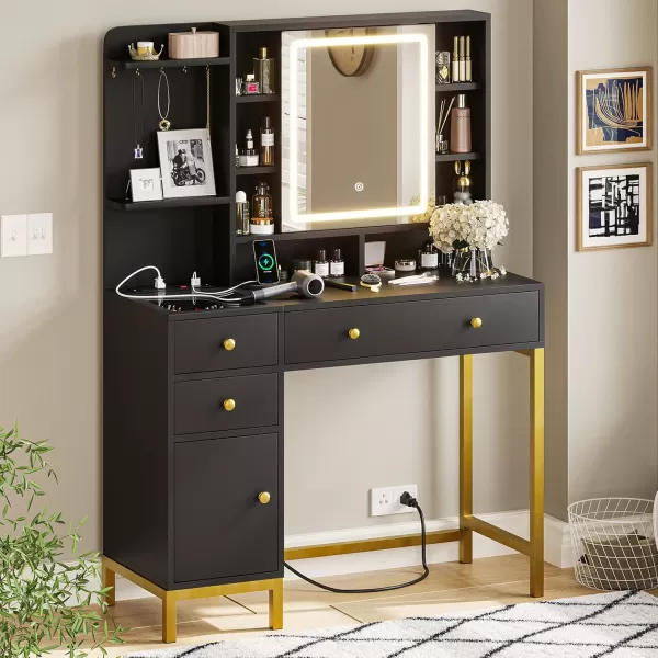 VIAGDO Vanity Desk with Openable Lighted Mirror ampamp Power Outlet Makeup Vanity Table with 3 Drawers and 4 Storage Shelves Black Vanity with Hooks Hidden Space BedroomModern Black
