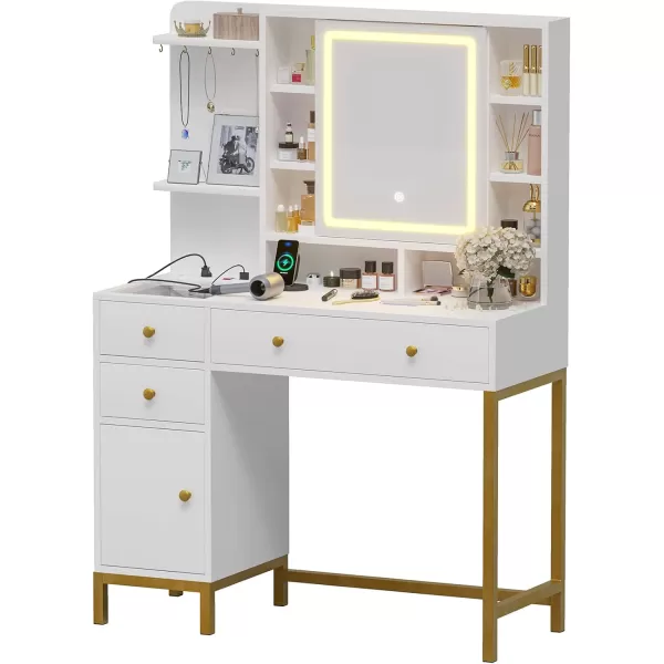 VIAGDO Vanity Desk with Openable Lighted Mirror ampamp Power Outlet Makeup Vanity Table with 3 Drawers and 4 Storage Shelves Black Vanity with Hooks Hidden Space BedroomModern White