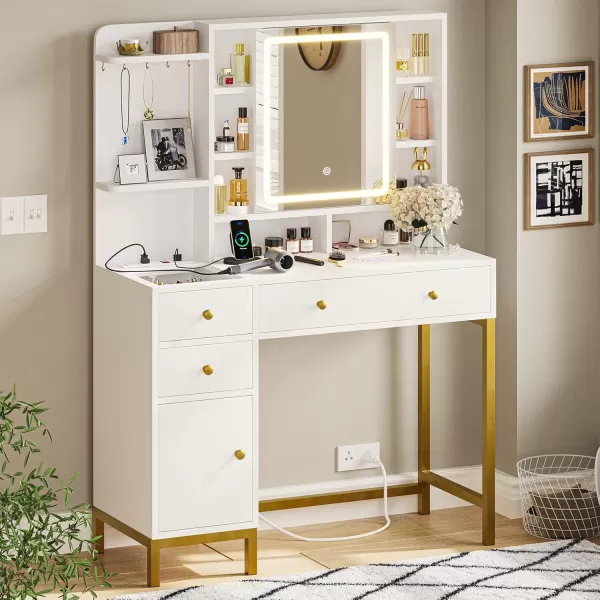 VIAGDO Vanity Desk with Openable Lighted Mirror ampamp Power Outlet Makeup Vanity Table with 3 Drawers and 4 Storage Shelves Black Vanity with Hooks Hidden Space BedroomModern White