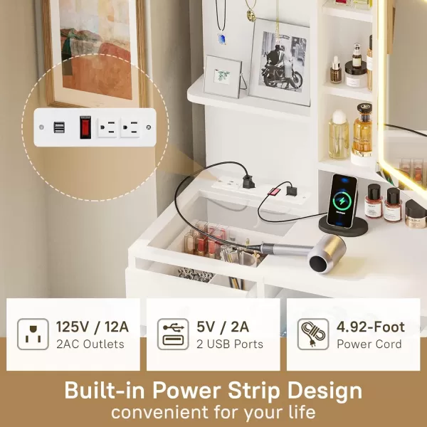 VIAGDO Vanity Desk with Openable Lighted Mirror ampamp Power Outlet Makeup Vanity Table with 3 Drawers and 4 Storage Shelves Black Vanity with Hooks Hidden Space BedroomModern White