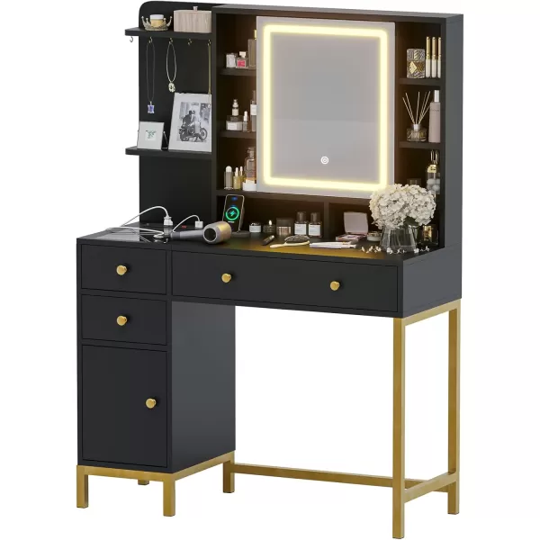 VIAGDO Vanity Desk with Openable Lighted Mirror ampamp Power Outlet Makeup Vanity Table with 3 Drawers and 4 Storage Shelves Black Vanity with Hooks Hidden Space BedroomModern Black