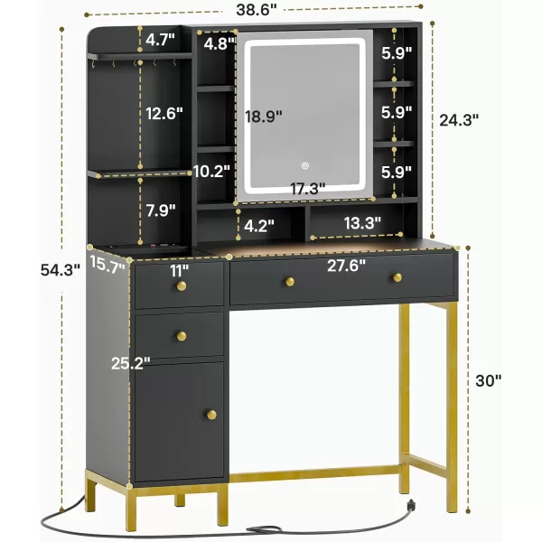 VIAGDO Vanity Desk with Openable Lighted Mirror ampamp Power Outlet Makeup Vanity Table with 3 Drawers and 4 Storage Shelves Black Vanity with Hooks Hidden Space BedroomModern Black