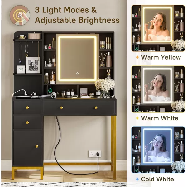 VIAGDO Vanity Desk with Openable Lighted Mirror ampamp Power Outlet Makeup Vanity Table with 3 Drawers and 4 Storage Shelves Black Vanity with Hooks Hidden Space BedroomModern Black