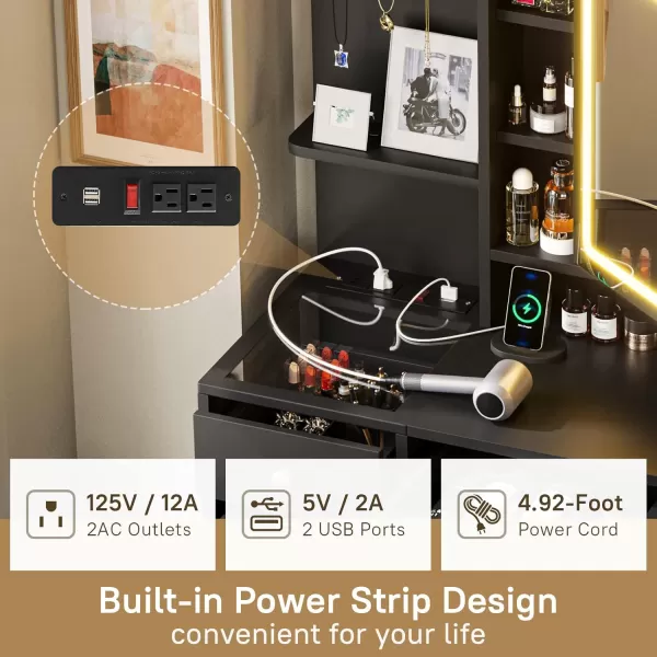 VIAGDO Vanity Desk with Openable Lighted Mirror ampamp Power Outlet Makeup Vanity Table with 3 Drawers and 4 Storage Shelves Black Vanity with Hooks Hidden Space BedroomModern Black
