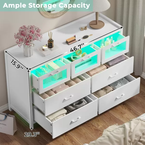 VIAGDO White 7 Drawers Dresser for Bedroom White LED Dresser with Deep Drawers Wood Bedroom Dresser with LED Lights for Closet Entryway Large Capacity Cabinet for StorageWhite