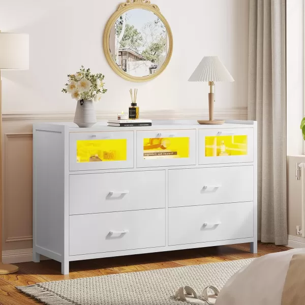 VIAGDO White 7 Drawers Dresser for Bedroom White LED Dresser with Deep Drawers Wood Bedroom Dresser with LED Lights for Closet Entryway Large Capacity Cabinet for StorageWhite