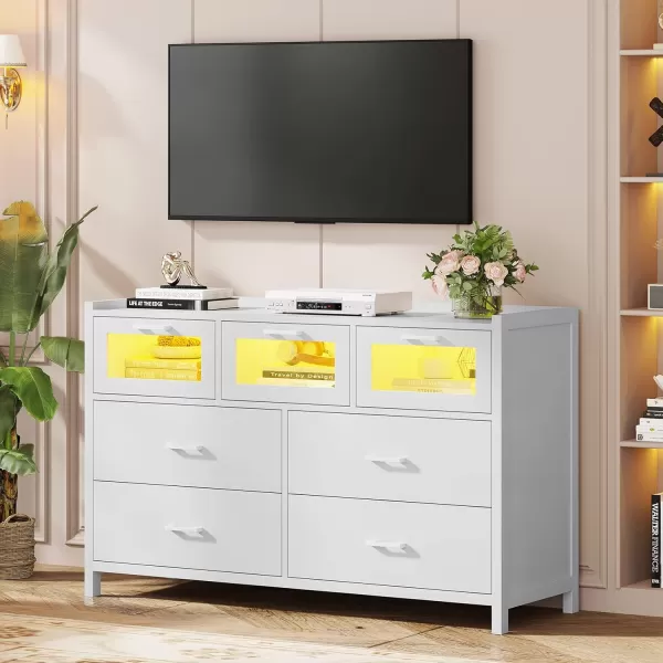 VIAGDO White 7 Drawers Dresser for Bedroom White LED Dresser with Deep Drawers Wood Bedroom Dresser with LED Lights for Closet Entryway Large Capacity Cabinet for StorageWhite