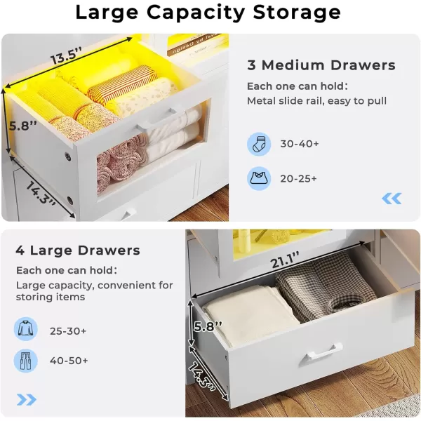 VIAGDO White 7 Drawers Dresser for Bedroom White LED Dresser with Deep Drawers Wood Bedroom Dresser with LED Lights for Closet Entryway Large Capacity Cabinet for StorageWhite