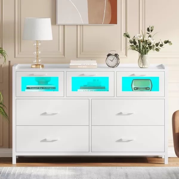 VIAGDO White 7 Drawers Dresser for Bedroom White LED Dresser with Deep Drawers Wood Bedroom Dresser with LED Lights for Closet Entryway Large Capacity Cabinet for StorageWhite