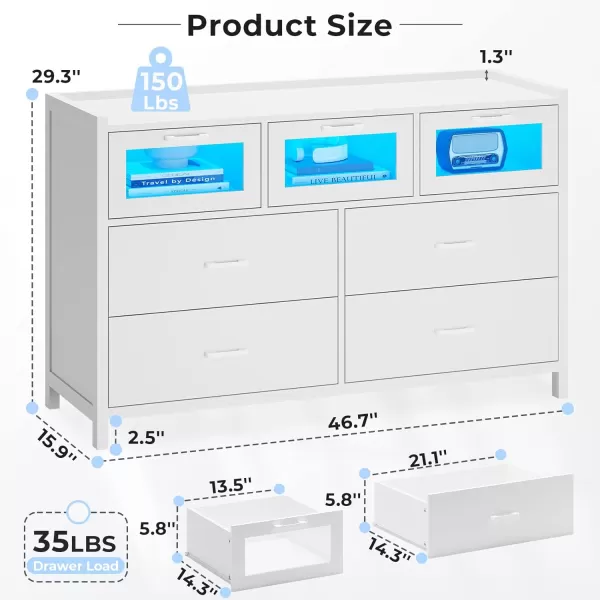 VIAGDO White 7 Drawers Dresser for Bedroom White LED Dresser with Deep Drawers Wood Bedroom Dresser with LED Lights for Closet Entryway Large Capacity Cabinet for StorageWhite