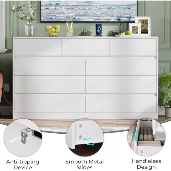 VIAGDO White 9 Drawer Dresser with Charging Station Wood Tall Chest of Drawers for Bedroom Modern Handleless Drawer Cabinet Large Capacity Storage Organizer for Living Room EntrywayWhite