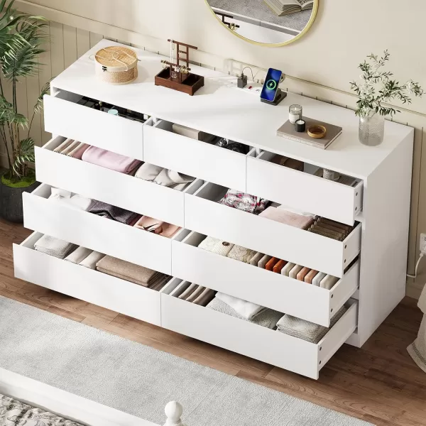 VIAGDO White 9 Drawer Dresser with Charging Station Wood Tall Chest of Drawers for Bedroom Modern Handleless Drawer Cabinet Large Capacity Storage Organizer for Living Room EntrywayWhite